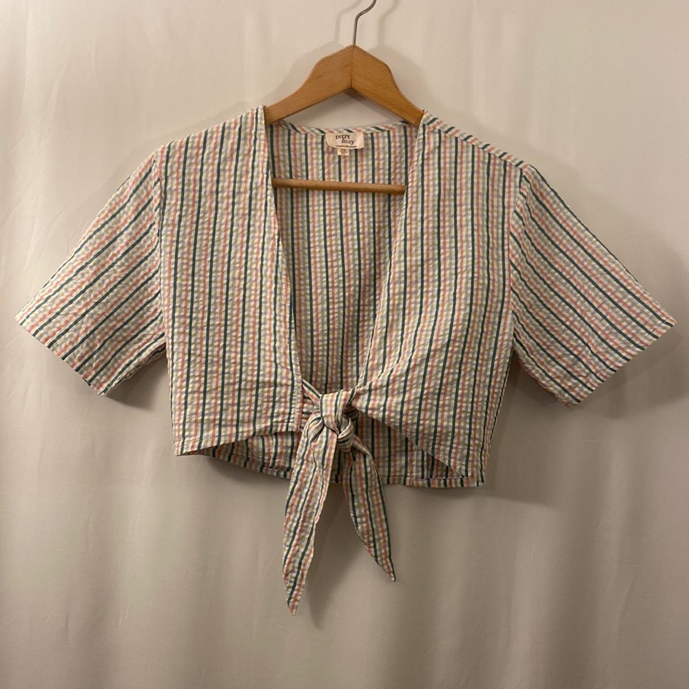 NWOT DIZZY LIZZY Womens XS Shirt Cover-Up Shirt Ties At Waist 100% Cotten
